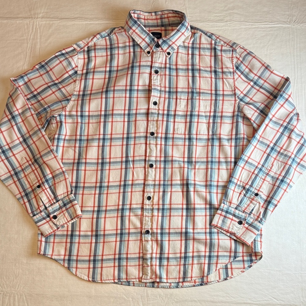 J. Crew Factory Men's Red Blue Plaid Ling Sleeve Button Down Shirt Size XL